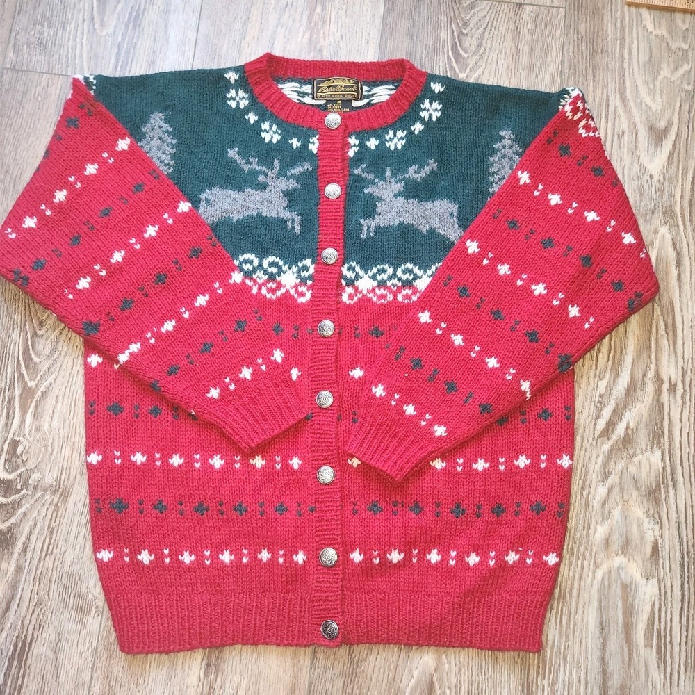 Vintage Eddie Bauer Wool Cardigan Sweater M Reindeer Christmas Metal Button Red